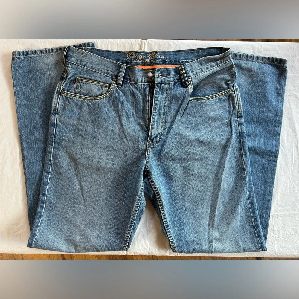 Vintage Indigo Palms Straight Leg Denim Jeans Size 35x32